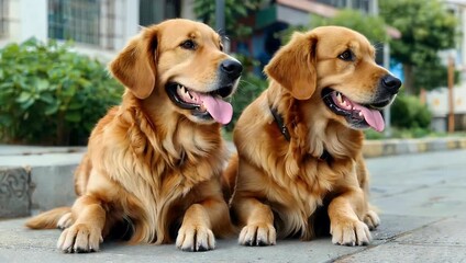 Close up ultra high definition 4K portrait stock footage featuring two friendly Golden Retriever purebred doggy pets Labradors sitting calmly outdoors on a street looking around attentively with