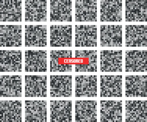 Censored information concept with pixelated images and red bar covering the truth