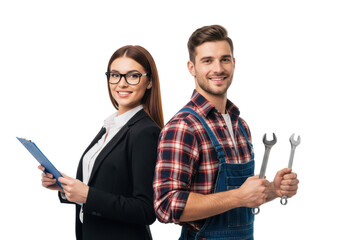 Caucasian businesswoman with clipboard and tradesman with wrenches, back-to-back on transparent studio background with copy space, a confident representation of diverse service roles