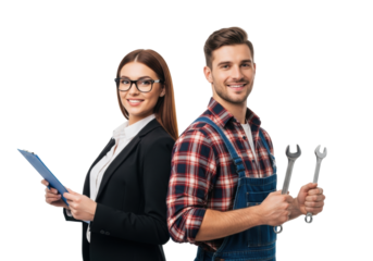 Caucasian businesswoman with clipboard and tradesman with wrenches, back-to-back on transparent studio background with copy space, a confident representation of diverse service roles