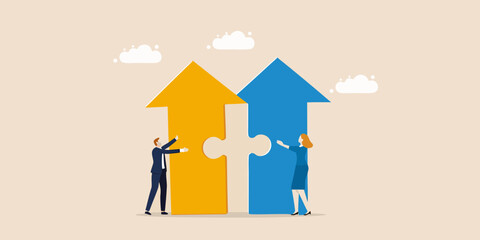 Naklejka premium Business partners connect puzzle pieces to form upward arrows