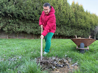 A person digging in a garden with a shovel, wearing a red jacket and green pants, wheelbarrow in the background, grass and trees