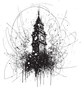 Abstract monochrome sketch of a clocktower with energetic expres