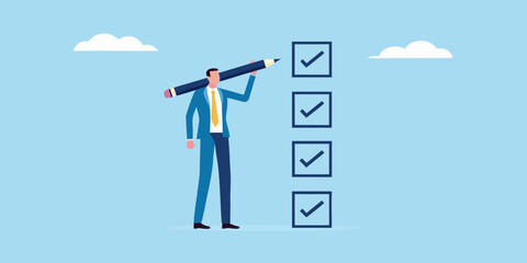 Businessman completing a checklist with a large pencil