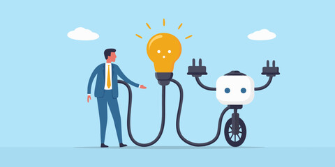 Businessman connects robot to bright idea lightbulb