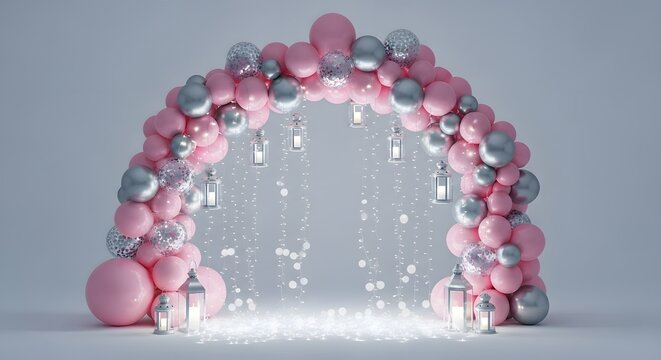 Balloon archway with pink and silver balloons and sparkle effects