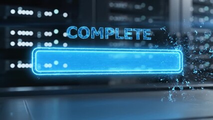Loading bar complete glowing blue digital interface with futuristic technology progress and particles in front of blurred server racks symbolizing data transfer and modern digital environment - Powered by Adobe