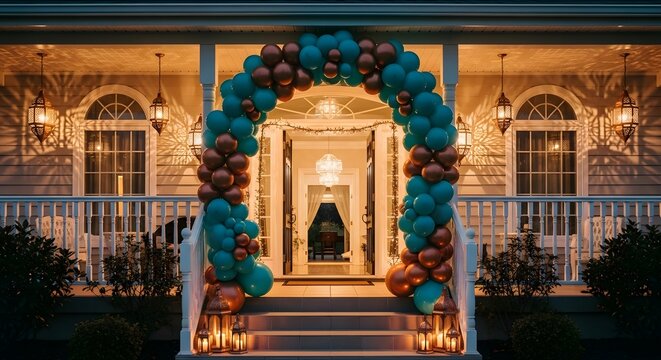 Elegant home entrance decorated with balloons for a special event