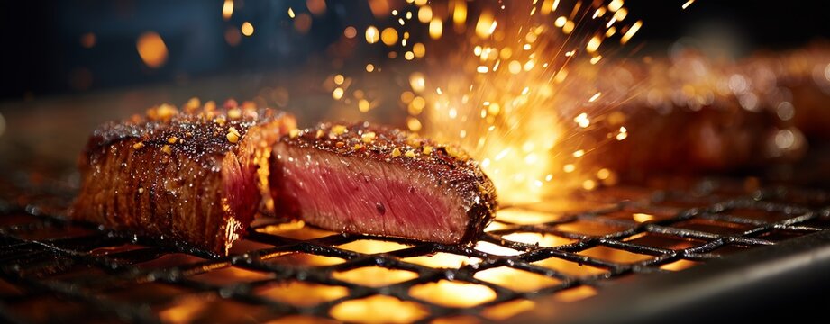 Grilled Steak with Sizzling Sparks: A perfectly grilled steak sizzles on a hot grill, flames dancing around it and a cross-section showing its succulent interior, showcasing culinary expertise