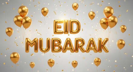 Eid mubarak celebration with golden balloons and confetti festive design