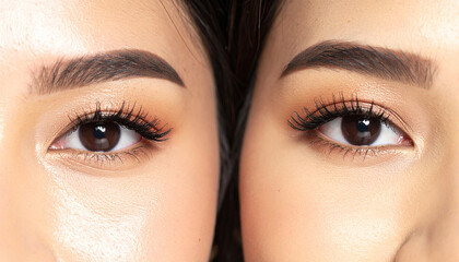 Extreme close up eyes of young asian woman with natural eyelashes and soft lighting
