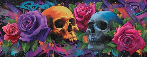 Artistic Contrast: This captivating artwork juxtaposes the delicate beauty of roses with the stark symbolism of skulls, creating a vivid and thought-provoking image.