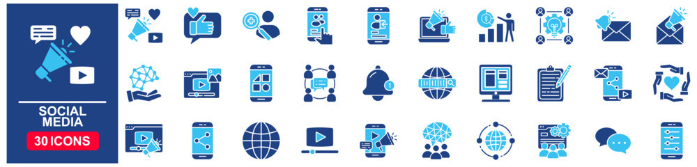 Social Media Web Icon Set in Blue style Flat. vector illustration concept relate to share, censoring, news, comment, communication, profile, app, buttons, graphic, marketing