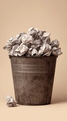 Wastebasket of crumpled paper: A metal wastebasket overflows with crumpled paper balls, a symbol of discarded ideas and failed attempts, set against a muted backdrop.