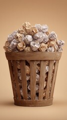 Trash Basket Overflowing with crumpled paper: A wooden trash basket, overflowing with crumpled paper, signifies ideas in concept, waste and discarded notions, set against a muted backdrop.
