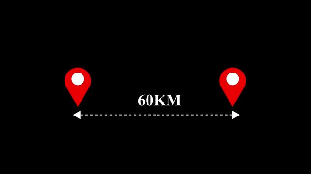 60 km distance from one place to another animation isolated on black background
