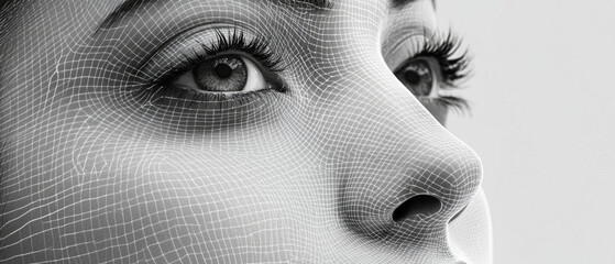 A digital grid is superimposed on the face, symbolising the fusion of reality and the virtual world — an appropriate backdrop for discussing facial recognition technology or cybersecurity.
