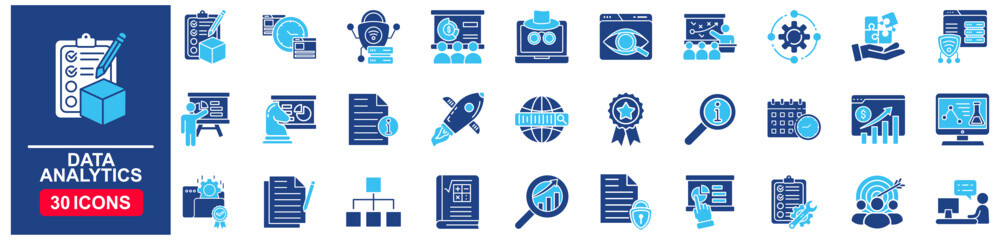 Data analytics set of web icons in Blue style Flat. vector illustration concept relate to analysis, business, chart, management, database,, computer, technology, growth 