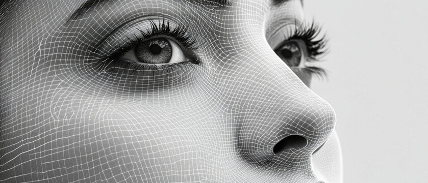A digital grid is superimposed on the face, symbolising the fusion of reality and the virtual world — an appropriate backdrop for discussing facial recognition technology or cybersecurity.