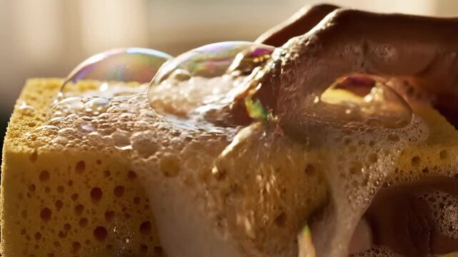 Closeup of a hand squeezing a soapy yellow sponge creating iridescent bubbles against a blurred background in warm light perfect for cleaning and hygiene concepts