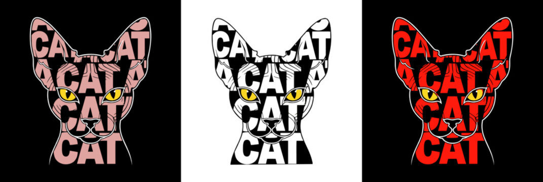 Stylized Sphinx cat's head vector design formed from overlapping text "CAT" in three color variations, Isolates on contrasting removable background. For prints, t-shirts, posters