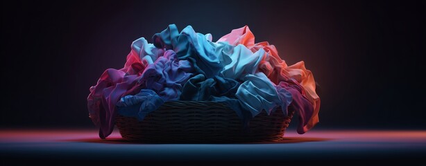 Colorful Laundry Basket: A cozy scene, a woven laundry basket overflows with a vibrant array of folded clothes, bathed in warm, inviting light.