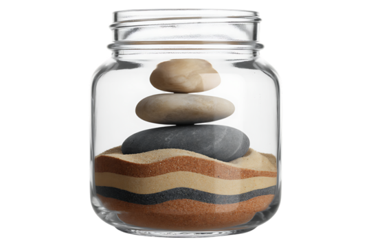Stacked Stones and Sand Layers in a Glass Jar balance isolated on a transparent background