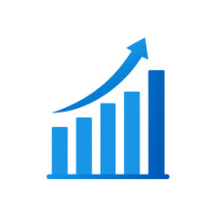 Blue bar graph with upward pointing arrow on transparent background