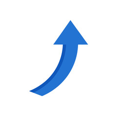 Blue upward arrow with a curved shadow up on transparent background