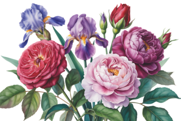 Vibrant Bouquet of Roses and Irises isolated on a transparent background
