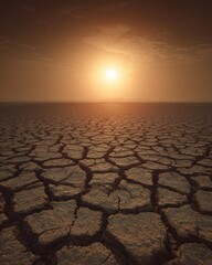 Arid Earth Under a Fiery Sky: A desolate landscape of cracked earth stretches towards the horizon, where the sun reigns supreme, painting the scene in a palette of heat and resilience.