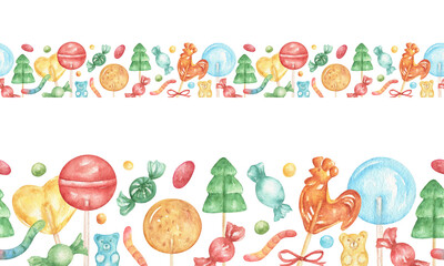 Fototapeta premium Seamless border of watercolor lollipops, candies, and gummy snakes and bears. Round lollipops and heart-shaped candies. Festive background of pink, yellow, blue candies for packaging, greetings.