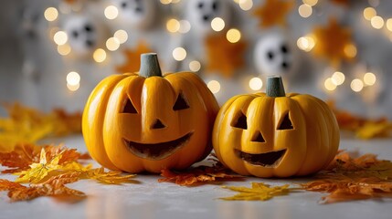 Scary jack-o-lantern face with orange autumn leaves decoration on Halloween holiday