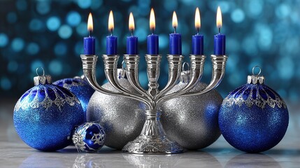 Shiny blue Christmas balls with gold ribbon on a festive blue background for a winter holiday decoration