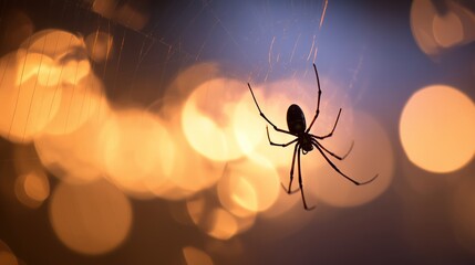 Silhouette Spider on Web: A solitary spider hangs delicately on its intricate web, silhouetted against a dreamy bokeh background, evoking a sense of mystery and the beauty of nature's small wonders.