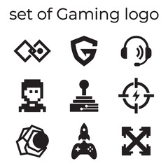 Dynamic Modern Gaming Esports Vector Icons Set with Controller, Headset, Joystick, and Pixel Art Elements, ideal for logo and digital media design.