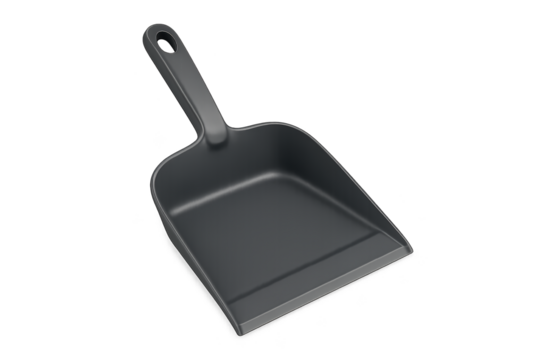 Small black dustpan with long handle and hollow scoop