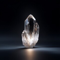 Luminous Quartz Crystal: A radiant quartz crystal, emanating a soft glow, stands out against a dark backdrop, highlighting its clarity and natural beauty.