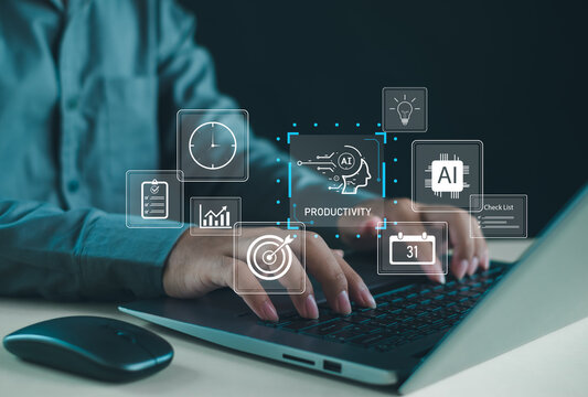 AI-enhanced productivity concept with hands typing on a laptop surrounded by virtual icons for tasks, analytics, scheduling, and smart automation, representing modern digital workflow optimization.