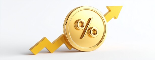 Financial Growth: A golden coin bearing a percentage symbol ascends on a rising arrow, representing positive financial growth. The image evokes a sense of prosperity.