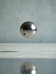 Sphere in Balance: A perfectly spherical metal object levitates, its polished surface reflecting the stark, minimalist environment, conveying a sense of weightlessness and equilibrium.