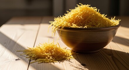 Vermicelli pasta in a ceramic bowl with some spilled on a wooden table during a bright sunny day