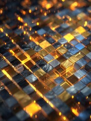 Abstract Digital Grid: A close-up view of an abstract grid, composed of interconnected cubes in shades of gold and gray, emanating a warm, futuristic glow. 