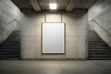 Blank frame in concrete subway with stairs, awaiting content