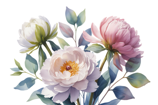 Watercolor Peony Floral Arrangement with Green Leaves isolated on a transparent background