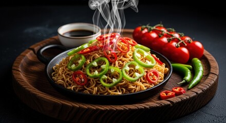 Steaming hot noodles with red and green chili peppers served on a wooden tray with fresh tomatoes