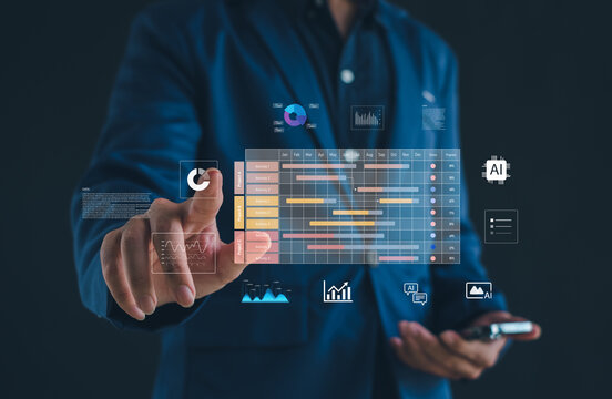 business interacting with futuristic digital dashboard featuring project timelines, analytics, data visualization elements. Perfect for themes of workflow management, technology, digital efficiency.