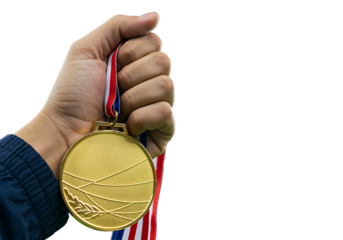 Hand holding golden medal symbol of victory and sport achievement