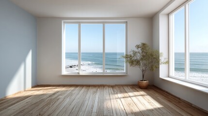 Obraz premium Bright interior space features expansive windows overlooking a sunny ocean vista