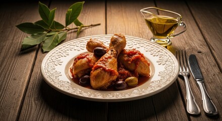 Cooked chicken drumsticks with tomato sauce and olives on a white plate on a rustic wooden table with bay leaves and olive oil